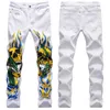 Purple Jeans Mens Pant Trendy Men's Elastic Slim Fit White Denim Pants With Skull Graffiti Flame Personlighet Small Foot Midjan