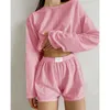 Kvinnors pyjamas sätter långärmad skördetoppar med shorts Set Solid Color Casual Loose Two Piece Sleepwear Loungewear 240104