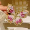 Brooches Beautiful French Rose Fuchsia Enamel Pins Temperament Luxury Cubic Zirconia Butterfly For Women Suit Coat Accessories