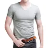 T-shirts pour hommes 2024 Stretch Lycra Col V Chemise pour hommes Couleur unie T-shirt à manches courtes pour hommes Collants Slim T-shirt