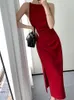 Casual Dresses Korean Summer Elegant Slim Red Sleeveless Midi Dress Office Lady Fashion Spaghetti Straps Bodycon Split Clothes Women