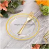 Disposable Dinnerware 10 Pcs Golden Plastic Dessert Plate With Forks Salad Wedding Birthday Party Supplies Drop Delivery Dhlfy
