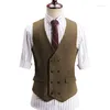 Gilets pour hommes vert gris marron costume gilet de mariage laine tweed gilet d'affaires coupe décontractée col en V double boutonnage pour les garçons d'honneur