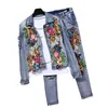 ジャケットヨーロッパスタイルのデニムスーツファッション衣装女性新しい花のスパンコールデニムジャケットショートジャケットジーンズパンツトワイスセット女性