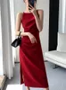 Casual Dresses Korean Summer Elegant Slim Red Sleeveless Midi Dress Office Lady Fashion Spaghetti Straps Bodycon Split Clothes Women