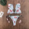 Verão praia mulheres halter bandagem floral impressão bikini conjunto push up acolchoado flor babados maiô traje de banho 240103