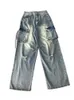 American High Street Mężczyźni i kobiety modne osobowość luźne jeansy z wieloma kieszonkowymi odzieżą roboczą Retro Hip Hop Wide Leg Casual Pants 240104