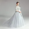 Light Sky Blue Ball Gown Flower Dresses For Wedding 2024 Sequined Shiny Gold Appliced ​​Pageant Gowns Sweep Train Tulle Toddler Girl First Holy Communion Dress