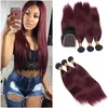 Wefts Brazilian Burgundy Ombre Hair with Lace Closure Straight 1B/99J Dark Root Wine Red Ombre Virgin Hair Weaves 3Bundles with 4x4 Lace