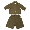 Clothing Sets Two Pieces Korean Style Spring Autumn Baby Boys Girls Clothes Green Single Breasted Coats Cardigan With Pockets Loose Shorts