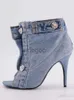 2024 Frauen Damen Echtes Leder Sandalen High Heels Sommer Square Peep Toed Button Stiefel Hochzeit Denim Jeans Kleid Lässige Die Laufstegschuhe