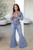 Kadınlar İki Parçalı Pantolon Felyn 2024 Ins Internet Celebrity Club 2 PCS Denim Kadınlar Set Katı Ceket ve Flare Leg Jeans Lounge Lounge Kargo Kıyafetleri