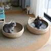 天然猫のベッド洗える子猫バスケット犬ネストハウス織り丸い手作りの編組キャッツ葉とソフトクッション240103