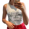 Lairauiy Y2k Mode E-Girl Tops Col Rond Réservoir Harajuku Portrait Imprimé Été Sans Manches Slim Fit T-Shirts