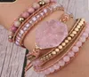 Doğal Taş Bilezik Pembe Kuvars Deri Sarma Bilezikler Kadınlar İçin Rose Gems Kristal Boncuklar Bohemia Takı 5 Strand6314114