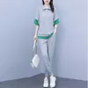 Pantalon de deux pièces pour femmes Ensembles d'été Simple Style coréen Col rabattu T-shirt à manches courtes Taille haute Jambe large Bouton Jogger