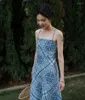 Casual Dresses Women's Spaghetti Strap Tight Dress Floral Print Boho Vintage Chiffon Elegant Lace-up Blue Vestidos Drop