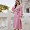 Ethnic Clothing Pink Abaya Elegant Embroidery Maxi Dress Belted Jalabiya Women Muslim Long Sleeve Kaftan Islam Dubai Turkey Caftan Robe