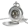 Steampunk montre de poche horloge femmes mécanique main vent lisse argent pendentif cadran blanc Simple élégant FOB 240103