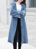 Primavera otoño mujer moda Denim gabardina doble botonadura con cordones chaqueta de mezclilla larga Vintage Color sólido prendas de vestir 240103