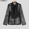 INCERUN Tops American Style Men Fashion Solid Ribbon Blouse Male Stitching Butterfly Lace Long Sleeve Thin Shirts S-5XL 240104