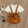 Ensembles de vêtements 2 pièces tenues d'été pour bébés filles côtelé couleur unie à manches courtes col rond T-shirt Bandage jarretelles Shorts