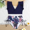 2-12Years Bloemenmeisjesbadpak Kinderen Ruche Schouderbikini Set Ruches Zijkant Tweedelige Kinderbadmode Hoge taille Badpak 240103