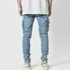 Street Elastic Jeans Men Denim Cargo Pants Wash Solid Color Multi Pockets Casual Mid Waist Trousers Slim Fit Daily Wear Joggers 240104