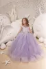 Elegant Long Purple Flower Girl Dresses Jewel Neck Tulle Sleeveless with Appliques Ball Gown Floor Length Custom Made for Wedding Party