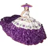 2024 Luxury Pluffy Quinceanera Dresses Tiered Organza Train Embroidery Floral White and Purple Mexico Charro Prom Special Occasion Dress for Sweet 15 Girls