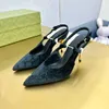 Nya sammet jacquard väv pekade tår slingback pumpar skor stilett klackar sandaler 8,5 cm kvinnors höga klackade sandaler kalv hud lyx designer klänning skor 02