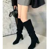 Botas 2024 Mulheres Big Tube Slimming Pilha Estilo Chunky Heel Alto Equitação Square Toe Pequeno Perna Grossa