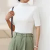 하프 터 틀넥 밀크 실크 탑 여자 짧은 소매 슬림 티셔츠 단색 기본 트렌드 하이 스트리트 셔츠 하이 스트리트 여성 블라우스 240103