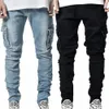 Street Elastic Jeans Men Denim Cargo Pants Wash Solid Color Multi Pockets Casual Mid Waist Trousers Slim Fit Daily Wear Joggers 240104