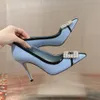Crystal Buckle Decoration Pumps Cotton Material Denim High Heels Pointed Toe Slip-on Stiletto Heel Women's Designer Evening Party Flat Shoes with Box