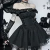 Casual Dresses Goth Black Corset Dress Women Off Shoulder Folds Harajuku Vintage Eesthetic Pet Up High midje Punk Elegant A Line
