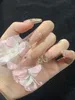 Unhas falsas estilo chinês, artificial, rosa, com pó brilhante, decoração de borboleta, artesanal, removível e reutilizável 240104