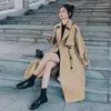 Khaki Windbreaker Women Fall Fall Elegant Korean Casuare Long Trench Coat Loose ReTros Double Bestoded Solid Tunic Sashes Overcoats240103