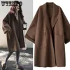 WTEMPO Elegante Lã Trench Coats Inverno Mulheres Vintage Windbreakers Jaquetas Mid-Length Solto Turn-Down Collar S-4XL Cardigans 240104