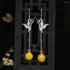 Dangle Earrings Real S925 Sterling Silver Yellow Chalcedony Ball Butterfly