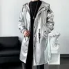 Men's Trench Coats 2024 Fashion Spring Bright Windbreaker Coat Medium Long Single Breasted With Hat Sleeve Male Jackets