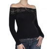 Women's T Shirts Women Y2K Lace Patchwork Crop Tops Sexy Off Shoulder Long Sleeve Solid Color Slim Fit T-Shirts Teen Girls Vintage Blouses