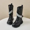 Botas meninas moda longa outono princesa diamantes decoração alta crianças único couro