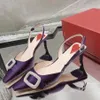 Top Quality Luxury Designer Sandals Women Satin Casual Low Heels Slingbacks Fashion Ankle Strap Buckle Classic Crystal Buckle Square Toe Party Shoes