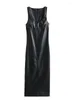 Casual Dresses Elegant Party Women 2024 V Neck Faux Leather Midi Dress Sleeveless Wide Straps Back Slit Pu Black Sexy Pencil