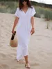 Party Dresses Elegant Beach V Neck Short Sleeve A Line Cotton Linen White Long Dress Chic Loose Women Tunics Retro Casual Summer