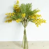 Flores decorativas 6 pcs / pacote flor artificial amarelo acácia mimosa pelúcia pudica spray cereja fruta seda falsa para decoração de casamento em casa