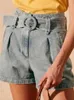 Kot kadın 2022 Yaz Yeni Düz Renkli Cep Kemeri Yıkanmış Pileli Sıradan Denim Şort Pantolon
