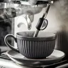 Taza de café, platillo, juego de cucharas, Taza de cerámica de rayas verticales Retro para capuchino, Latte, té de la leche, accesorios de cocina 240104