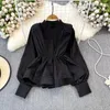 Blouses pour femmes Vintage Satin femmes bouffées à manches longues chemise et chemisier dos fermeture éclair élégant mode coréenne Blusas De Mujer Drop